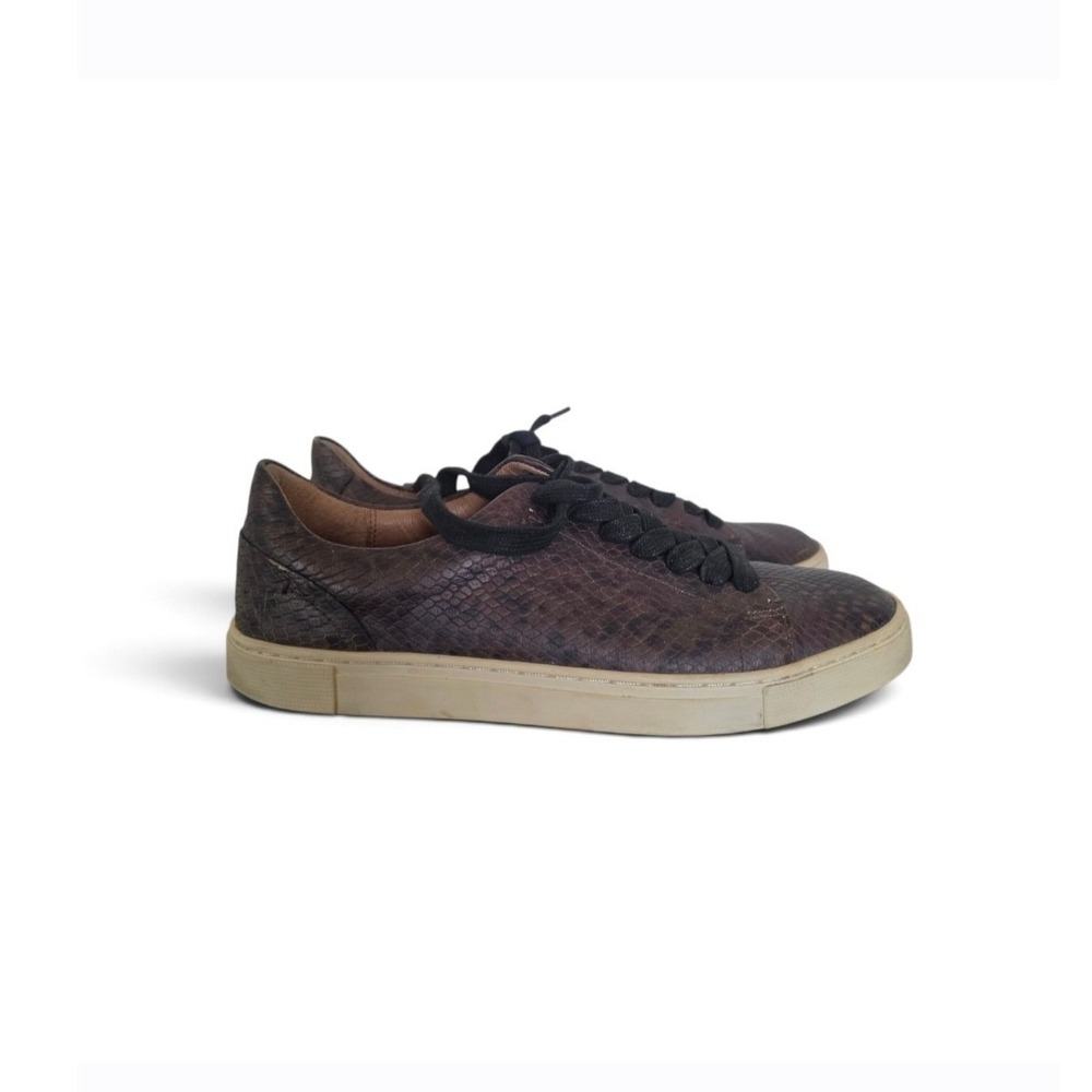 Frye Ivy Leather Dark Brown Snake Embossed Animal Maximalist Low Sneakers sz 7.5